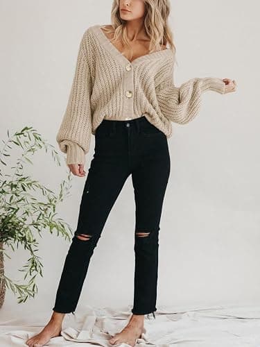 PRETTYGARDEN Women's Chunky Knit Open Front Sweater Long Sleeve Button Loose Short Cardigan Outerwear Coats thumbnail 8