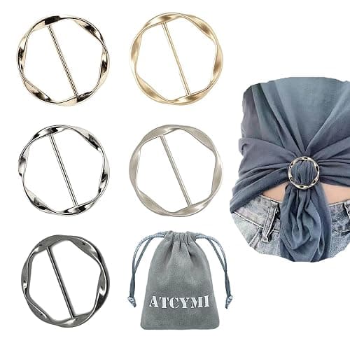 5PCS Silk Scarf Ring Clip T-shirt Tie Clips for Women Fashion Metal Round Circle Clip Buckle Clothing Ring Wrap Holder with 1 Storage Bag - Image 1