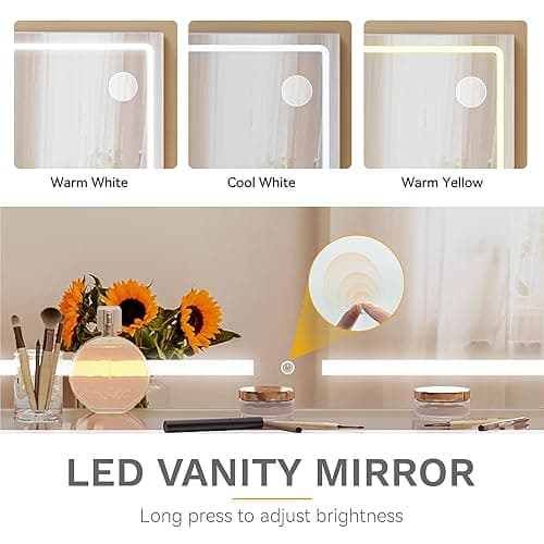 DWVO Makeup Vanity Table with Stool, Large Mirror, 10 Drawers, LED Lights with 3 Color Settings, USB & Power Outlets, Glass Top Dressing Table thumbnail 4