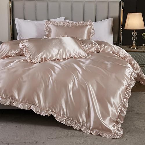 Silk Like Satin Bedding Queen Light Pink Duvet Cover Set Soft Silky Ruffle Comforter Cover Sexy Hotel Silky Bedding Sets 1 Duvet Cover 2 Pillowcases (Queen, Light Pink) thumbnail 6
