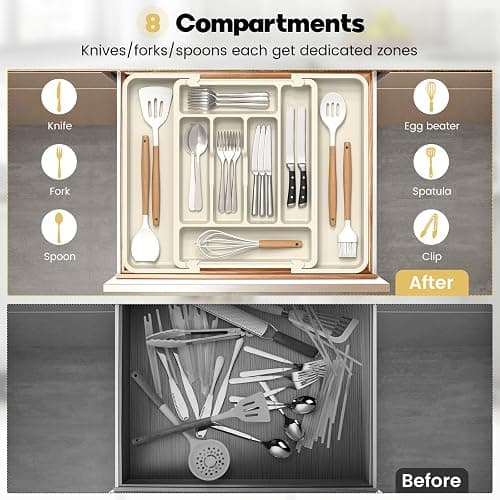 Caperci Large Silverware Organizer for Kitchen Drawer & Utensils - Expandable Drawer Organizer for Cutlery, Flatware & Gadget, BPA-Free Thick Plastic, Wider Compartments & Non-skid Feet (Tofu) thumbnail 5