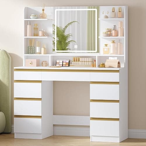 Hzuaneri Grande Coiffeuse avec Éclairage LED, 3 Couleurs, Luminosité Réglable, Miroir, 9 Tiroirs, 9 Étagères Ouvertes, Blanc-Or DT41903X - Image 1