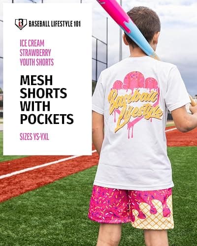 Baseball Lifestyle 101 Ice Cream Youth Mesh Shorts – Strawberry, 5 in Inseam, Side Pockets, Elastic Waist thumbnail 2