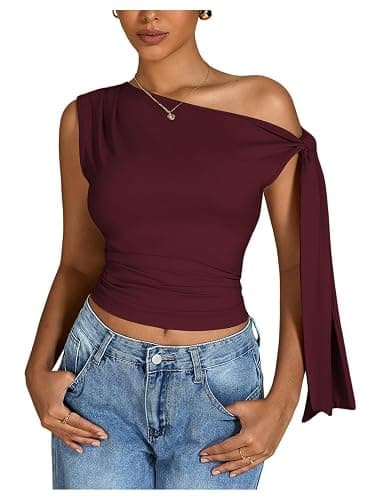 Milumia Women's One Off The Shoulder Tank Tops Asymmetrical Going Out Top | Ruched, Tie Side, Fitted, Workwear, Business Casual, Trendy, Date Night, Sleeveless Tee Tops - Image 1