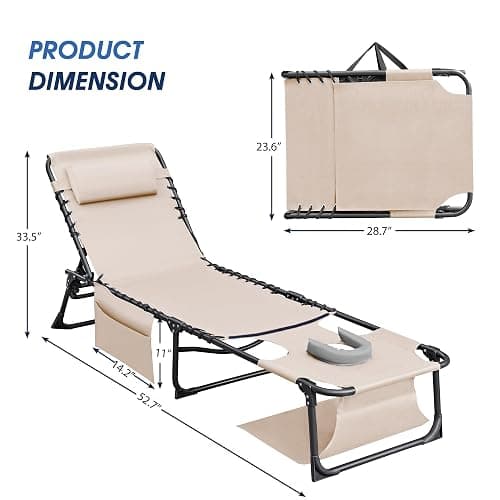 Flamaker Face Down Chaise Lounge Chair 5-Position Adjustable Sunbathing, Foldable Tanning Chair with Face& Arm Holes, Outdoor Recliner Chair for Pool, Beach, Patio, Lawn (Beige, 1 Pcs) thumbnail 3