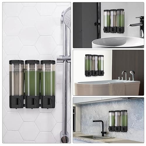 Seifenspender Wandbefestigung, Shampoo Duschgel Spender, 3er Set Seifenspender Ohne Bohren, Gleichmäßige Flüssigkeitsabgabe, AuslaufsicherGeeignet für Shampoo,Duschgel,Flüssigseife,Spülung. (Black) thumbnail 5