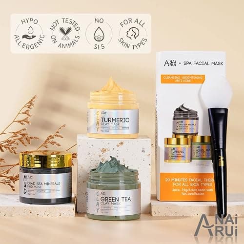 ANAI RUI 3Pcs Face Mask Set, Turmeric Clay Mask - Green Tea Face Mask - Dead Sea Minerals Mud Mask, Holiday Gift Set, Stocking Stuffers for Women &Teen Girls, Self Care Gifts for Women 2.5 oz each thumbnail 9