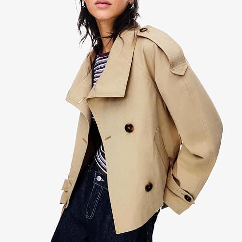 Maohao Women's Cropped Trench Coat Double Breasted Short Jacket High Collar Fall Winter Coats Trendy Outfit with Belt thumbnail 2