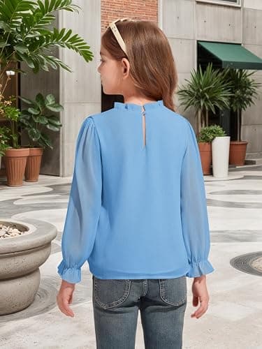 Haloumoning Girls Long Sleeve Shirts Chiffon Blouses Kids Cute Puff Sleeve Ruffle Mock Neck Casual Tops 5-14 Years thumbnail 6