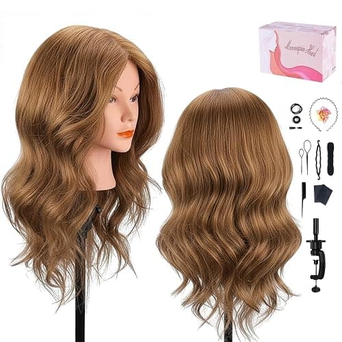 Mannequin Head with 100% Human Hair, MYSWEETY Doll Head for Hair Styling, Manikin Head Cosmetology Makeup Hairdressing Training Head with Clamp Holder and Tools(18" Brown, Makeup) - Image 1