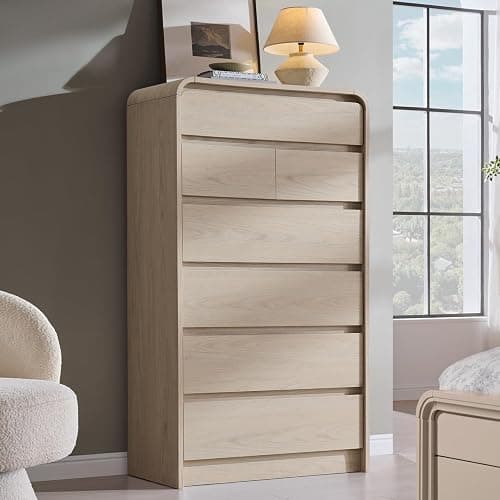Aitjunz Modern 7 Drawers Dresser for Bedroom, 55" Tall Dressers, Cream | Wooden Dressers & Chest of Drawers w/Curved Profile Design, Mid Century Vertical Storage Dressers Organizer for Bedroom thumbnail 3