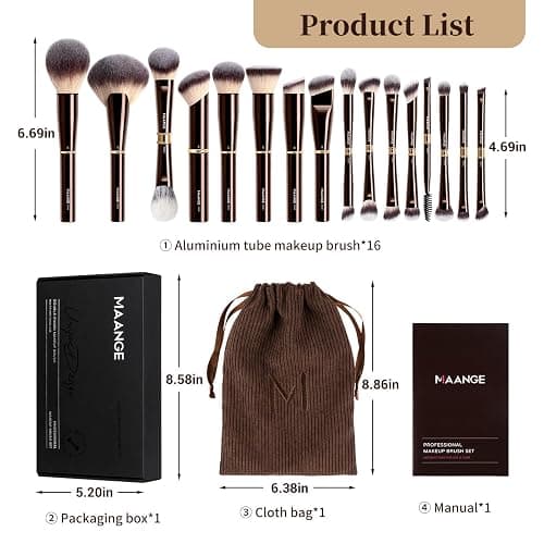 MAANGE Makeup Brushes 16Pcs Professional Foundation Powder Blush Contour Eyeshadows Double-End Makeup Brushes Set with Bag and Gift Box-CoffeeBrown thumbnail 2
