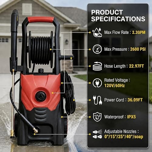Nozzlpeak 3000 PSI Electric Pressure Washer, 2.3 Max GPM, 1625W, Orange Red | Comes with hose reel & 36ft cord, leak-proof design, 5 nozzles and foam pot to clean cars, fences and courtyards thumbnail 2