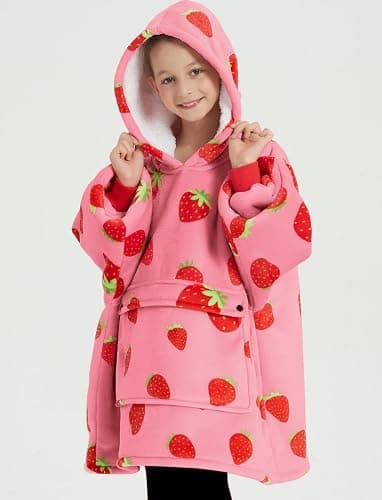 KFUBUO Wearable Blanket Hoodie for Kids Sherpa Patterns Oversized Sweatshirt Blanket With Pocket 6-10 Year Old Girl Cute Hoodies Gift Strawberry thumbnail 2
