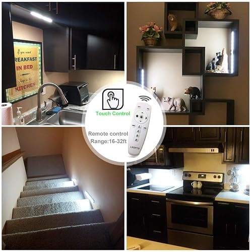 LDOPTO Battery Operated Lights Wireless Under Cabinet LED Closet Lighting Under-Counter Light fixtures Without Wiring with Remote/Touch Control for Kitchen Shelf Hallway Stairs, 3 Colors 3 Pack thumbnail 4