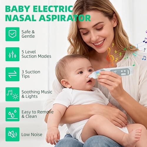 Aspiratore nasale neonato - Aspiratore nasale per neonati e bambini con 5 livelli di aspirazione regolabili e 3 punte in silicone, funzione musicale e luci a LED thumbnail 2