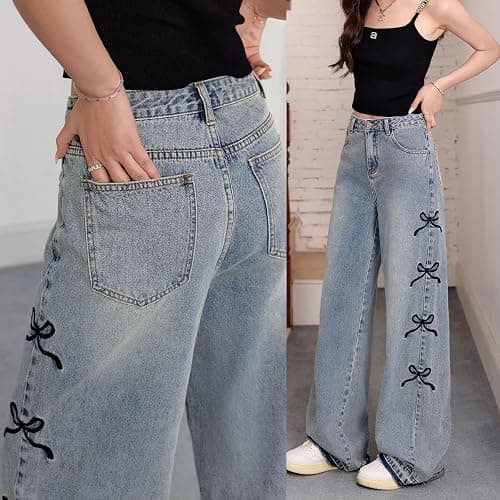 kakarin choyx Fashion Women's Jeans Y2K High Waist Casual Vintage Baggy Straight Cut Cute Bow Embroidered Denim Pants thumbnail 6