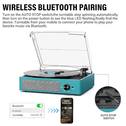 Record Player for Vinyl with 2 Build-in Speakers LP Vinyl Players Belt-Driven Vintage Turntables 3 Speed 3 Size, Wireless Bluetooth Playback, AUX-in, RCA Out, Headphone, Auto Stop Sea Blue thumbnail 3
