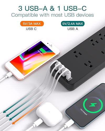 Power Strip - Addtam Surge Protector with 10 Outlets and 4 USB Ports, 6 Feet Extension Cord with Flat Plug, 2700 Joules, ETL Listed, Black thumbnail 3