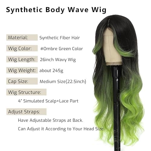iluadme Black And Green Wig Highlight Sythetic Long Wavy Wig 26" Skunk Stripe Wigs For Women Daily Party Used Middle Part Cosplay（#OTgreen） thumbnail 2