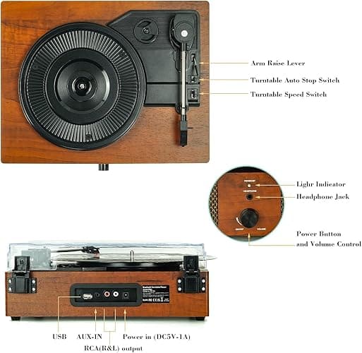 Vinyl Record Player Bluetooth Vintage 3-Speed Portable Turntables with Built-in Speakers, Belt-Driven LP Player Support USB Recording AUX-in RCA Line Out thumbnail 5