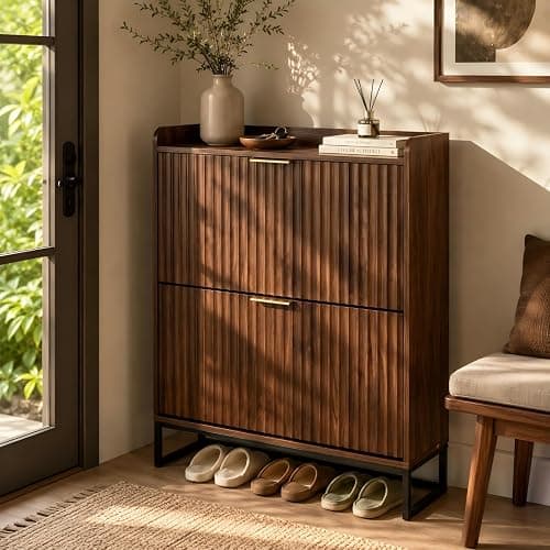 VINGLI Fluted Shoe Cabinet Storage for Entryway,Hidden Shoes Storage Cabinet with 2 Flip Drawers, Mid Century Modern Shoe Rack Organizer,Free Standing Shoes Organizer for Hallway(Dark Walnut) - Image 1