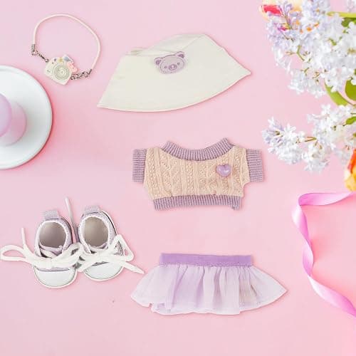5 Set 15- 17cm Doll Clothes - Dolls Outfit Accessories for Girl , with White Bucket Hat + Small Camera + Canvas Shoes (No Doll) (Purple) thumbnail 2