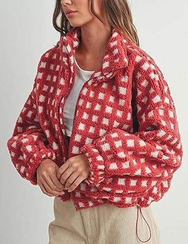 Yoawdats Womens Cute Sherpa Fleece Jacket Fuzzy Zip Up Checkered Cropped Going Out Jacket Teddy Fluffy Casual Outerwear thumbnail 5