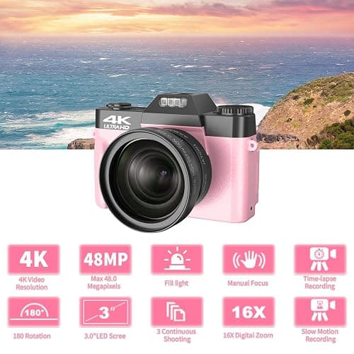 VETEK Digital Cameras for Photography, 4K 48MP Vlogging Camera 16X Digital Zoom Manual Focus Students Compact Camera with 52mm Wide-Angle Lens & Macro Lens, 32G Micro Card and 2 Batteries (Pink) thumbnail 3