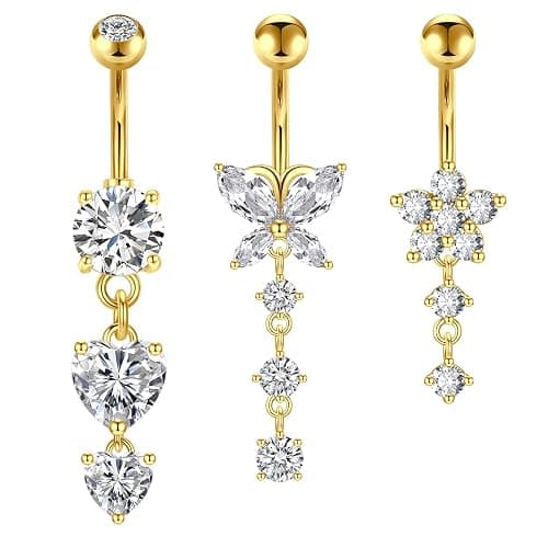 Crdifu Bauchnabelpiercing 10mm Silber Bauchpiercing Edelstahl Herz Schmetterling Blume Anhänger Piercing Bauchnabel Schmuck Damen - 3Stk Baumeln-Gold A - Image 1