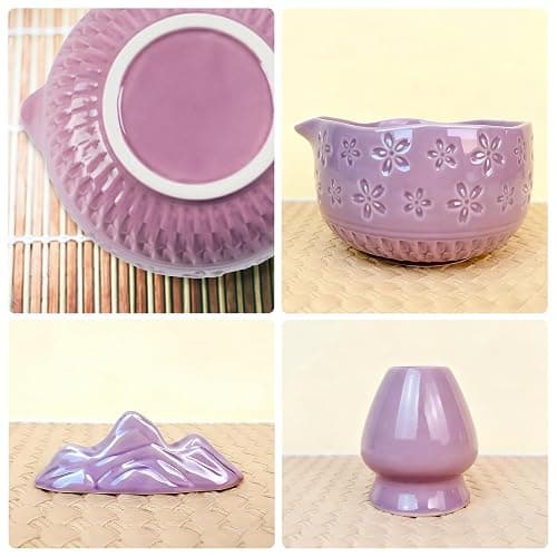 SEEYAURO Matcha Whisk Set––7pcs Japanese Matcha Set Kit with Matcha Bowl, Bamboo Whisk, Whisk Holder, Scoop, Towel&Sifter–Perfect for Matcha Lovers&Tea Ceremonies-Cherry Blossom Purple thumbnail 4