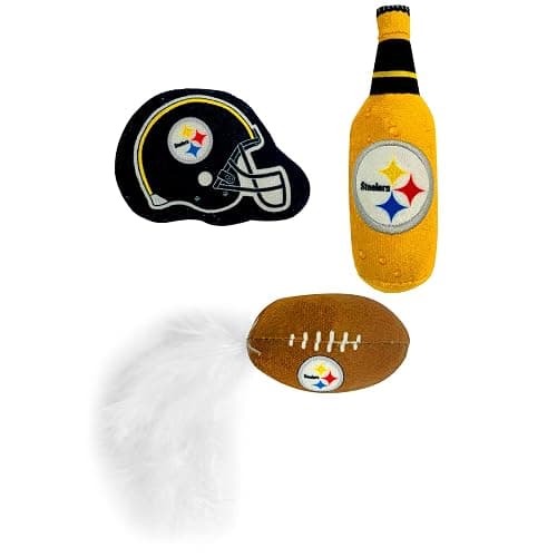 BEST PLUSH CAT TOY NFL PITTSBURGH STEELERS Complete Set of 3 piece Cat Toys filled with Fresh Catnip. Includes: 1 Helmet Cat Toy, 1 Football Cat Toy with Feathers & 1 Beer Bottle. Beautiful Team LOGOS thumbnail 6