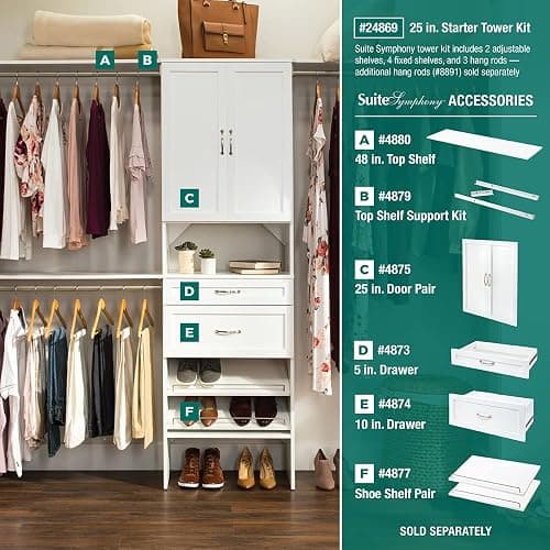 ClosetMaid SuiteSymphony Wood Closet Organizer Starter Kit Tower and 3 Hang Rods, Shelves, Adjustable, Fits Spaces 5 – 10 ft. Wide, Pure White, 25" thumbnail 7