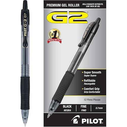 Pilot G2 Premium Gel Roller Pens 0.7, Fine Point Smooth Writing Pens Black, Pack of 12 - Image 1