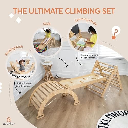 Avenlur Hazel 5-in-1 Indoor Climbing Gym - Waldorf and Montessori Climbing Set with Triangle Ladder, Climbing Ramp, Arch Climber, Rocker, and Slide - Montessori Toys for Children 18mo to 7yr (Natural) thumbnail 6