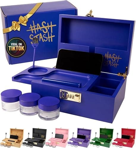 The OG Storage Box - Large Bamboo Box with Combination Lock, Magnetic Lid, Organizer Tray, Airtight Tube and 3 Jars - Discreet Decorative Locking Wooden Box with Accessories (Royal Blue/Gold) - Image 1