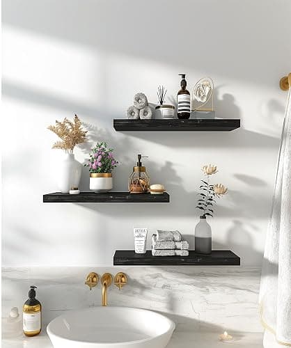 YYWUOJJ Wood Floating Shelves for Wall Decor, Rustic Wall Shelves for Bedroom Bathroom Kitchen Living Room, Set of 6 Black thumbnail 3