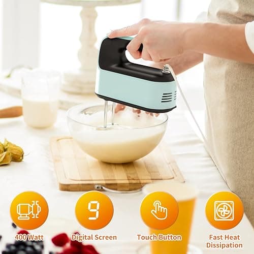 Yomelo 9-Speed Digital Hand Mixer Electric, 400W Powerful DC Motor, Baking Mixer Handheld with Snap-On Storage Case, Touch Button, Turbo Boost, Dough Hooks, Whisk (Ice Blue) thumbnail 9