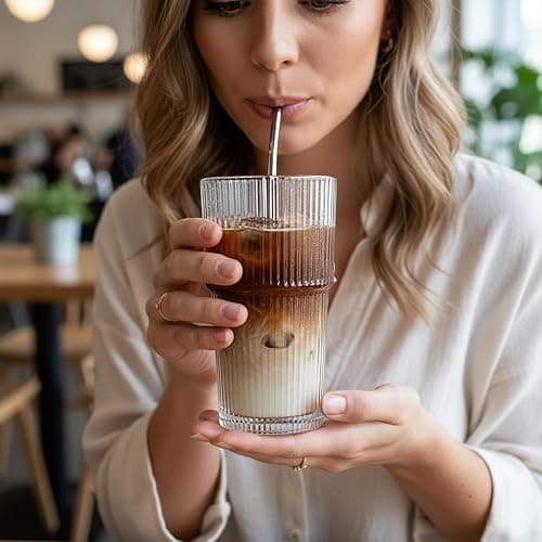 WeirdUncle Set of 6 Oversize Ribbed Glassware, 20oz Vintage Clear Glass Tumbler, Large capacity, Origami Style, Fluted Design, Ideal for Water, Iced Coffee, Beer, Tea, Latte, Housewarming Gift (Large) thumbnail 5