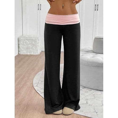 Yoawdats Fold Over Yoga Pants for Women Wide Leg Sweatpants Low Rise Flare Lounge Pant Bell Bottoms Y2K Foldover Pants thumbnail 6
