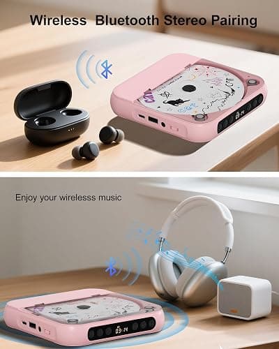 ENVYCLOUD CD Player Portable with Dual Stereo Speakers, Rechargeable Portable CD Player with Bluetooth for Home with Headphones, Support CD/AUX/USB, Pink thumbnail 3