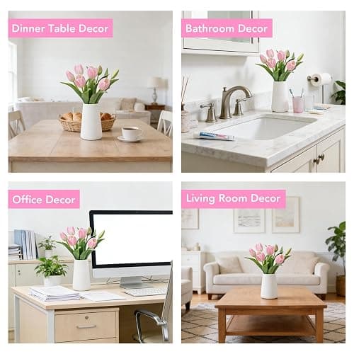 Wenhuidr Light Pink Lifelike Artificial Tulips with Ceramic Vase, Soft-Touch Latex Fake Flowers Arrangement for Wedding Centerpieces, Modern Farmhouse Home & Office Table Party Room Decor thumbnail 5
