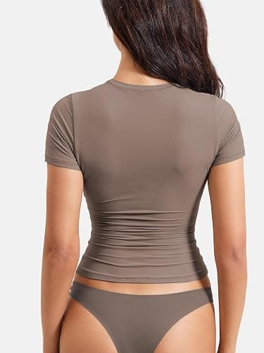 YEOREO Women Fitted Workout Tops Short Sleeve Double Lined Basic Y2K Going Out Crew Neck Compression Crop Top thumbnail 2