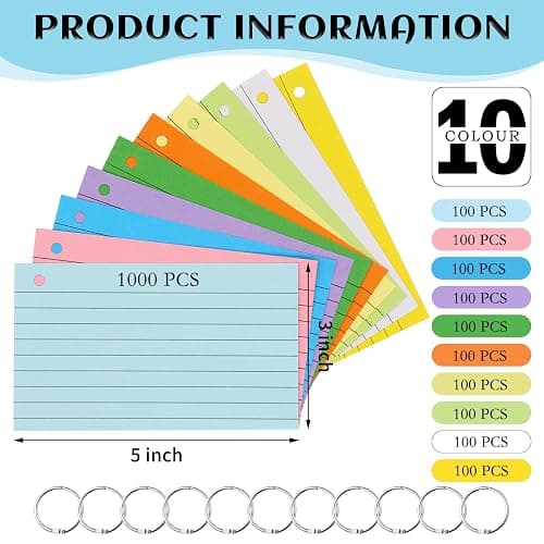 Lovppy 1000 PCS Index Cards 3x5 Inches Colored Flash Cards with Ring,Punched Lined Flashcards Ruled Index Cards Notecards Study Cards Heavy Note Cards for Studying, Office, Home,School thumbnail 3