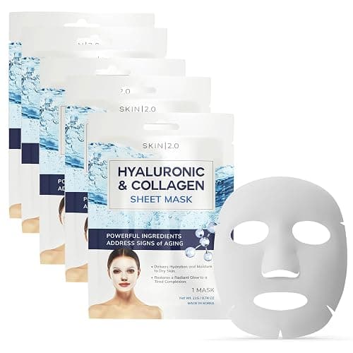 Skin 2.0 Hyaluronic Acid & Collagen Sheet Mask - Hydrating, Anti-Aging, Firming - Dermatologist Tested Korean Skincare - Clean Beauty, Natural Ingredients, Cruelty-Free, All Skin Types - Pack of 5 - Image 1