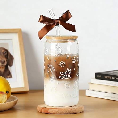 Dachshund Gift for Women, Funny Wiener Dog Gifts Glass Cup with Lid & Straw Coffee & Smoothie Tumbler for Weenie Lovers Dog Owners Pet Moms Wife teens Friend Sister for Mother’s Day Birthday thumbnail 2