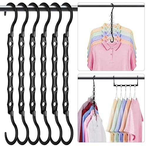 Closet Organizers and Storage 6 Pack, College Dorm Room Essentials, Multifunctional Organizer Magic Space Saving Hangers with 5 Holes, Storage Organization for Wardrobe Closet - Black - Image 1
