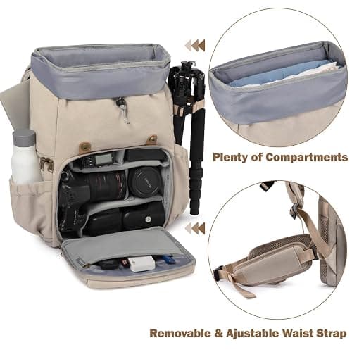 BAGSMART Camera Backpack, DSLR Camera Bag, Waterproof Camera Bag Backpack for Photographers, Fit up to 15" Laptop with Rain Cover and Tripod Holder, Ivory White thumbnail 2