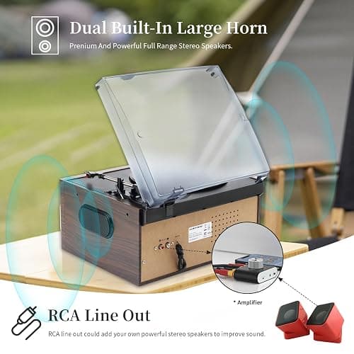 Bluetooth Record Player with 3 Speed Turntable CD Cassette USB SD AM FM Radio Remote Control and Built in Speakers for Home Entertainment and Vintage Vinyl Enjoyment - Silver-Brown thumbnail 5