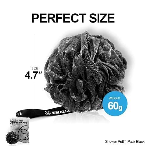 WhaleLife Bath Loofah Sponge for Shower - Body Scrubber 4-Pack Black | 10X Suds Save Body Wash Double Knotted Anti Tear Core Fast Dry Cotton Loop Stay Fresh Large Mesh for Sensitive Skin thumbnail 7